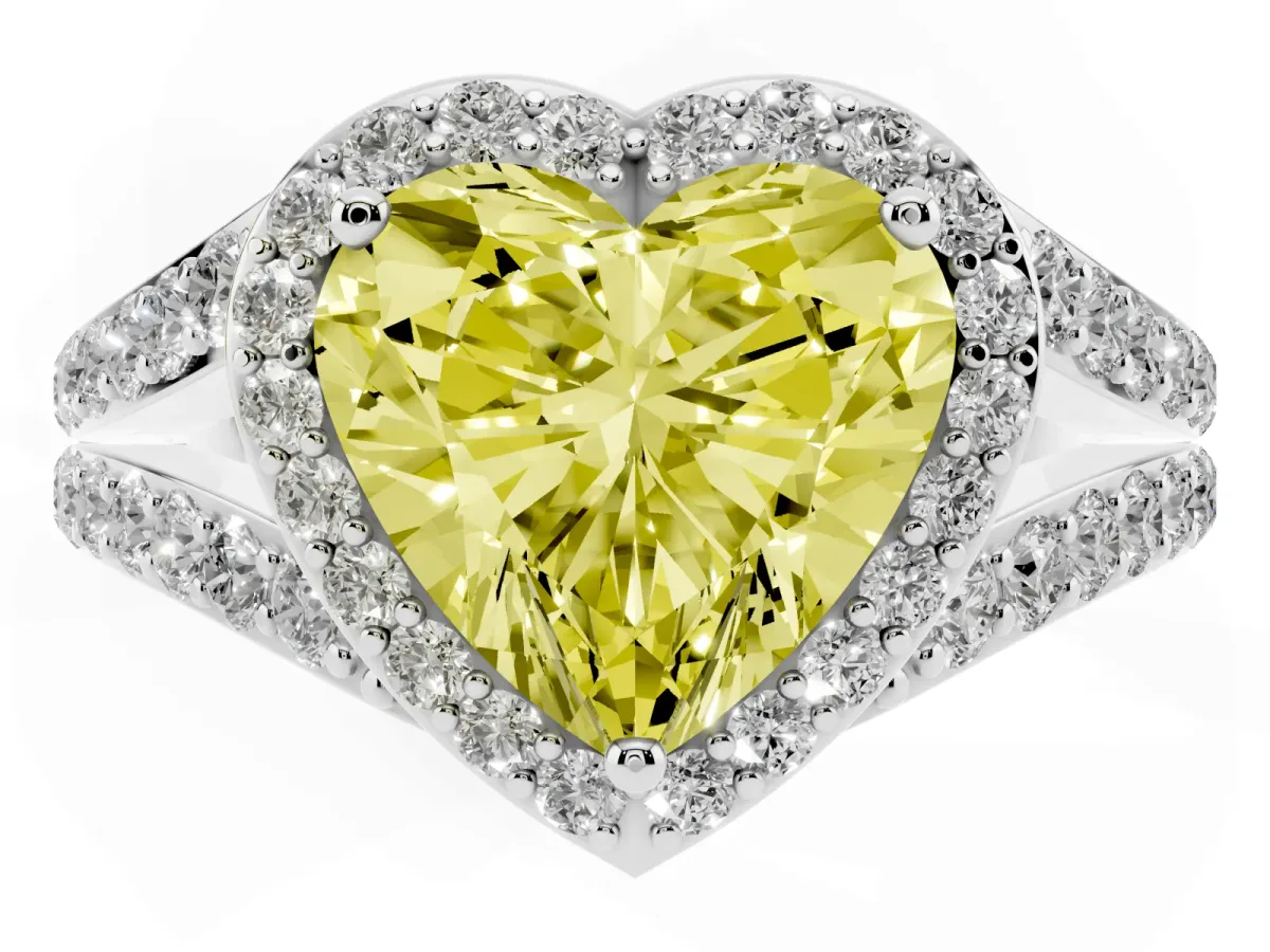 Fancy Yellow Heart Cut Diamond Split Shank Halo Ring with Four-Prong Setting Platinum