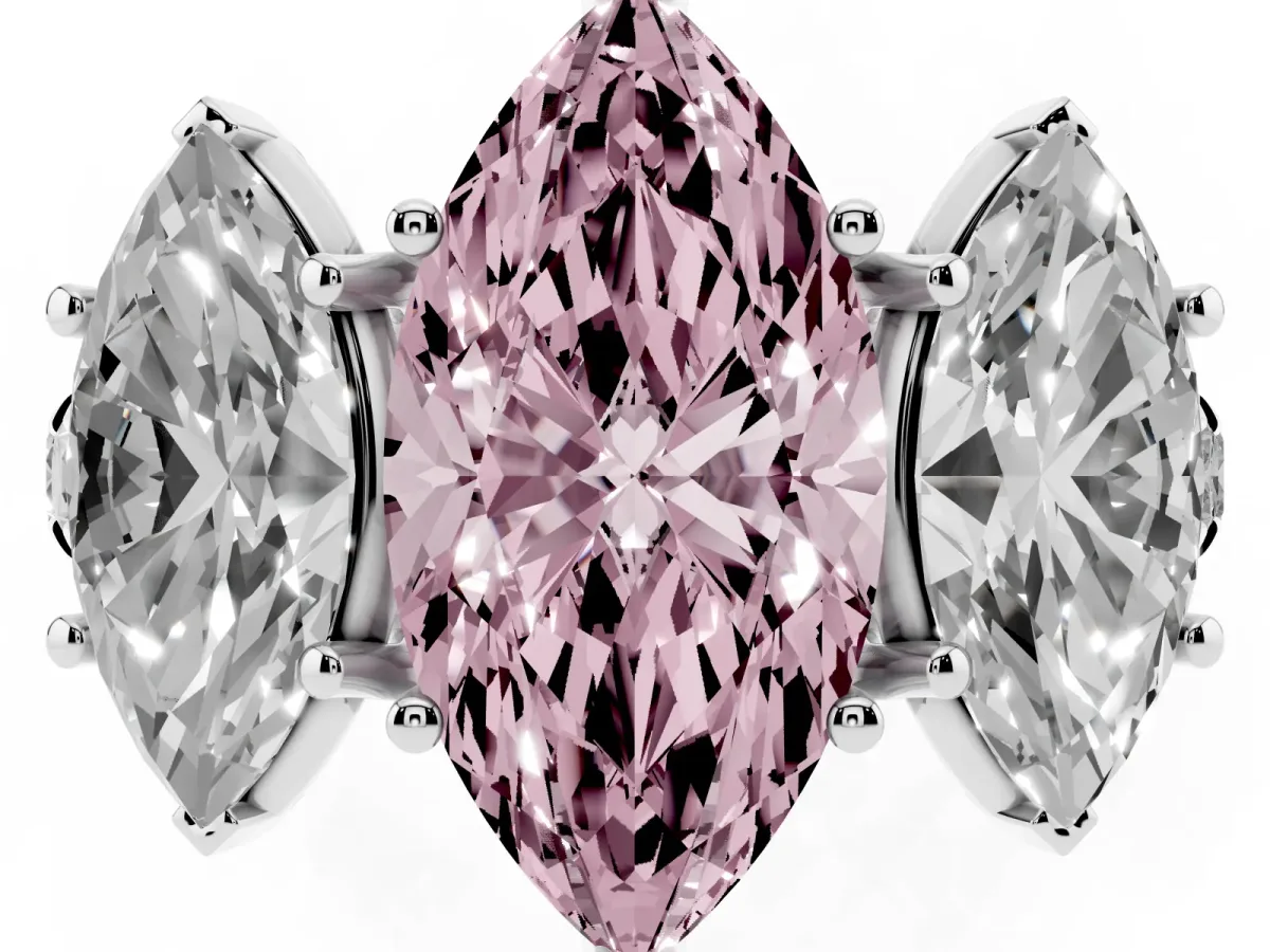 Fancy Pink Three-Stone Marquise Cut Diamond Pavé Band with Prong Setting Platinum