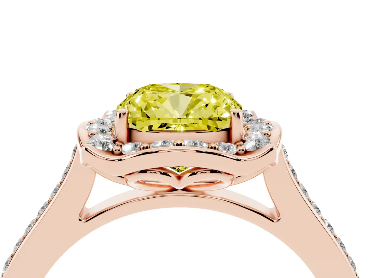 Fancy Yellow Cushion Cut Halo Round Diamond Pave Band with Four-Prong Setting Rose gold