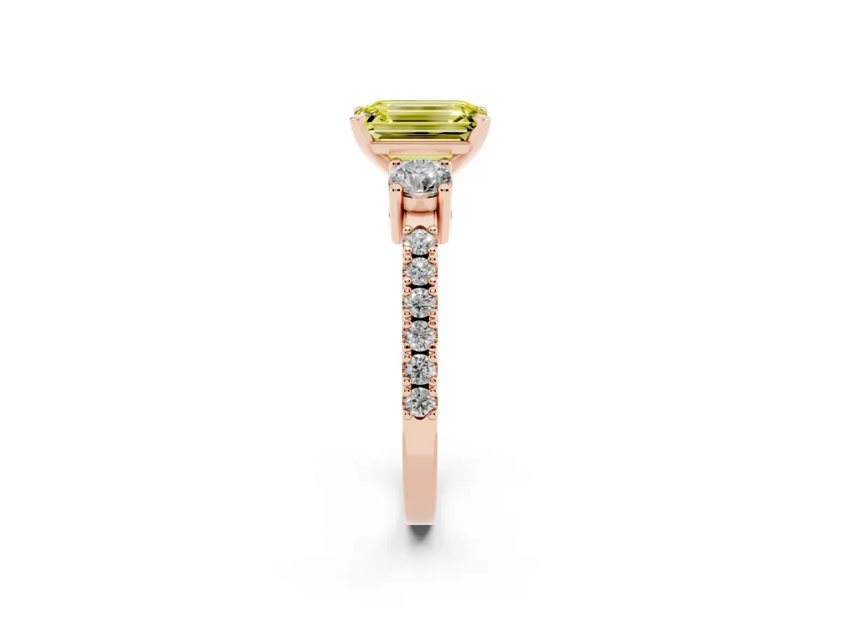 Fancy Yellow Emerald Cut Three-Stone Diamond Pavé Band with Prong Setting Rose gold