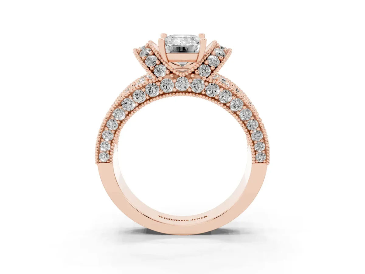 Emerald Cut Halo Pave Diamond Engagement Ring with Milgrain Detailing Rose gold