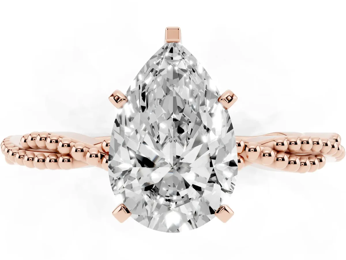 Pear Cut Solitaire Twisted Band with Bead Prong Setting Rose gold
