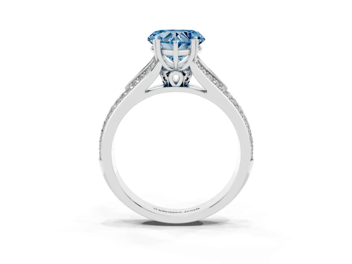 Fancy Blue Heart Cut Diamond Split Shank Engagement Ring with Pavé Band Silver