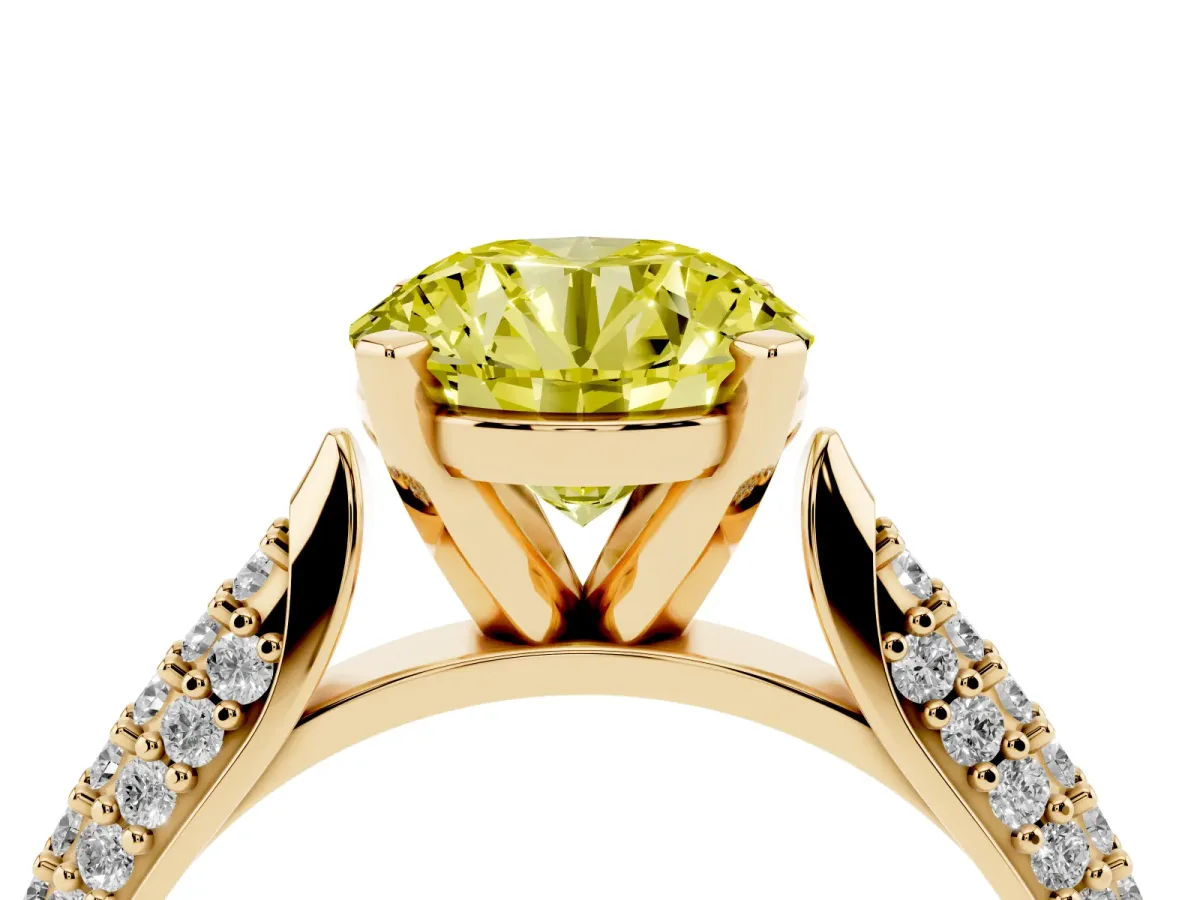 Fancy Yellow Round Cut Diamond Solitaire Engagement Ring with Multi-Row Round Pavé Band and Prong Setting Yellow gold