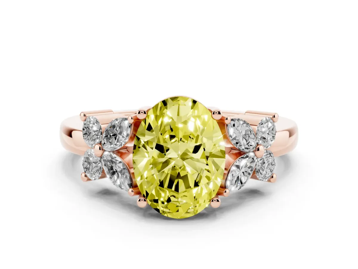 Fancy Yellow Oval Cut Diamond Floral Cluster Ring with Solitaire Band and Prong Setting Rose gold