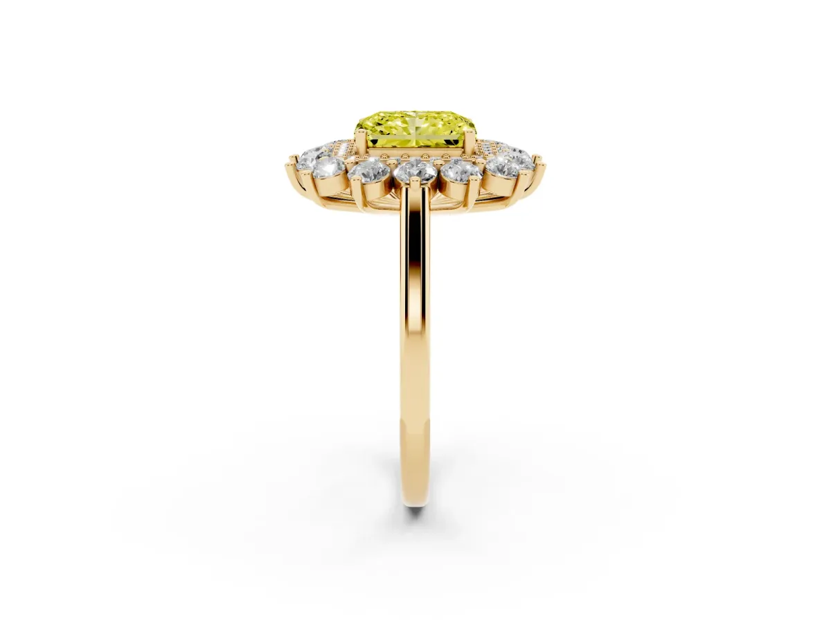 Fancy Yellow Radiant Cut Diamond Floral Double Halo Engagement Ring with Prong Setting Yellow gold