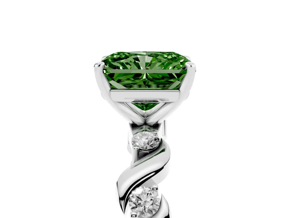 Fancy Green Radiant Cut Diamond Solitaire Twisted Band with Round Accents and Prong Setting White gold
