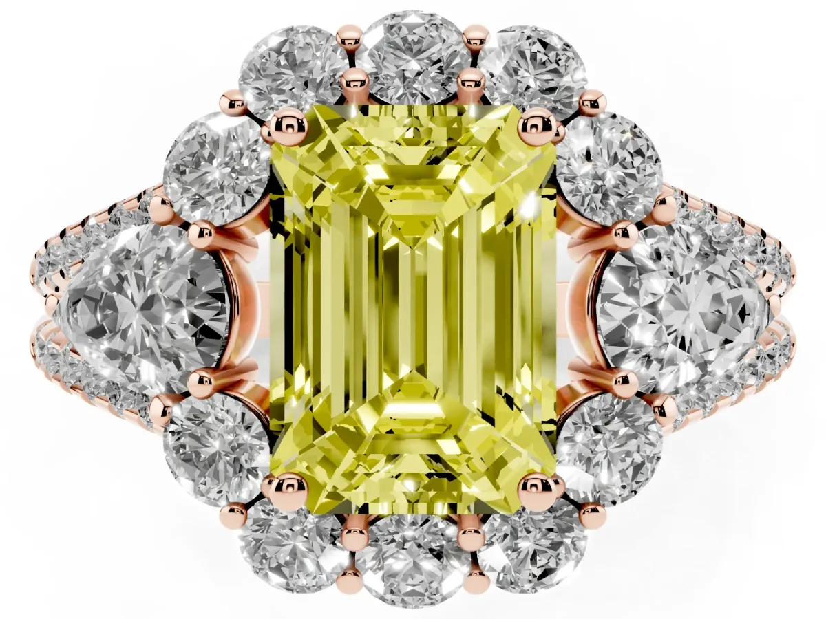 Fancy Yellow Emerald Cut Halo Split Shank Diamond Engagement Ring with Prong Setting Rose gold