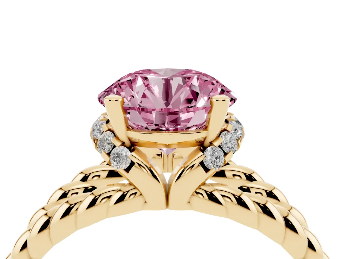 Fancy Pink Round Cut Halo Twisted Band Four-Prong Ring Yellow gold