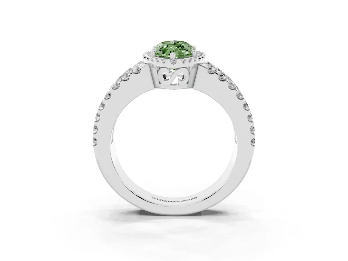 Fancy Green Marquise Cut Cut Halo Split Shank Diamond Ring with Four-Prong Setting Platinum