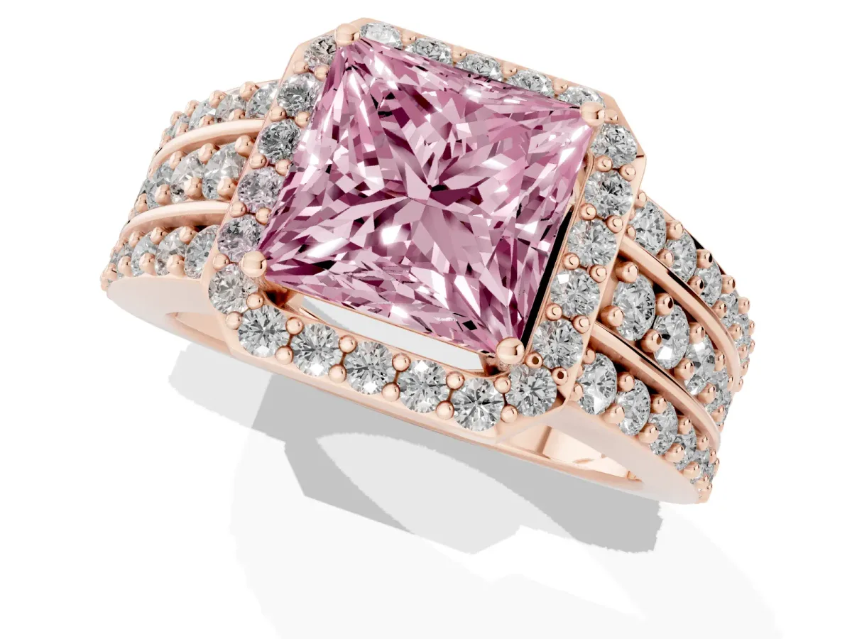 Fancy Pink Princess Cut Halo Diamond Ring with Round Split Shank and Prong Setting Rose gold
