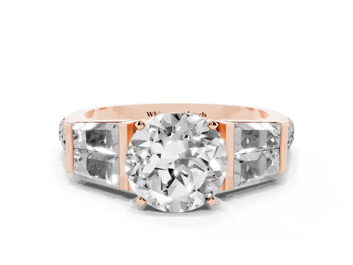 Round Cut Diamond Engagement Ring with Baguette Side Stones and Channel Set Band Rose gold