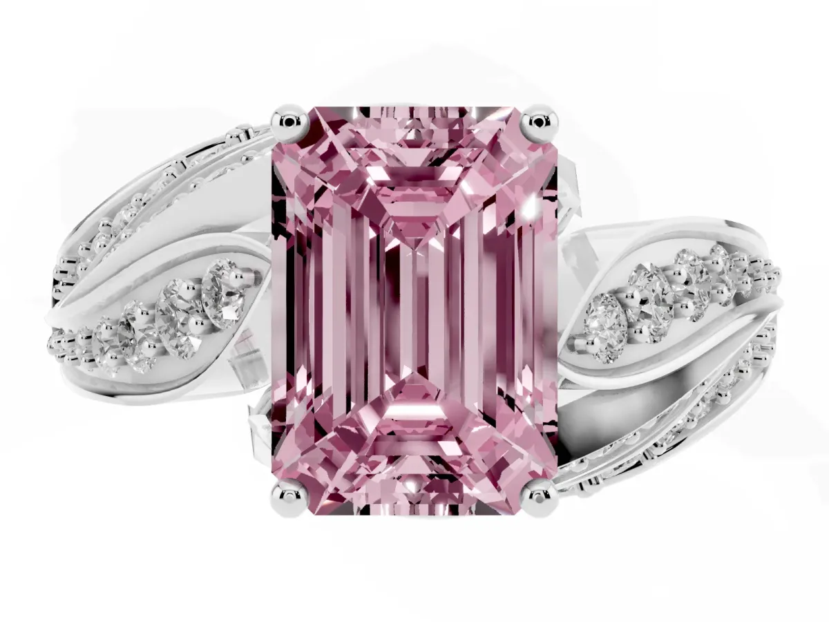 Fancy Pink Emerald Cut Diamond Solitaire Ring with Prong Setting and Twisted Pavé Band Silver