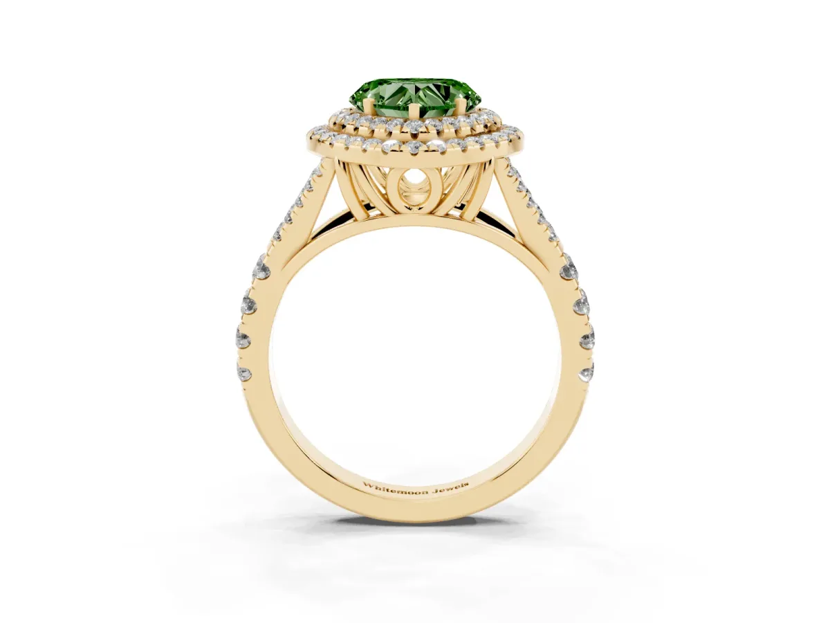 Fancy Green Double Halo Heart Cut Diamond Split Shank Engagement Ring with Four-Prong Setting Yellow gold