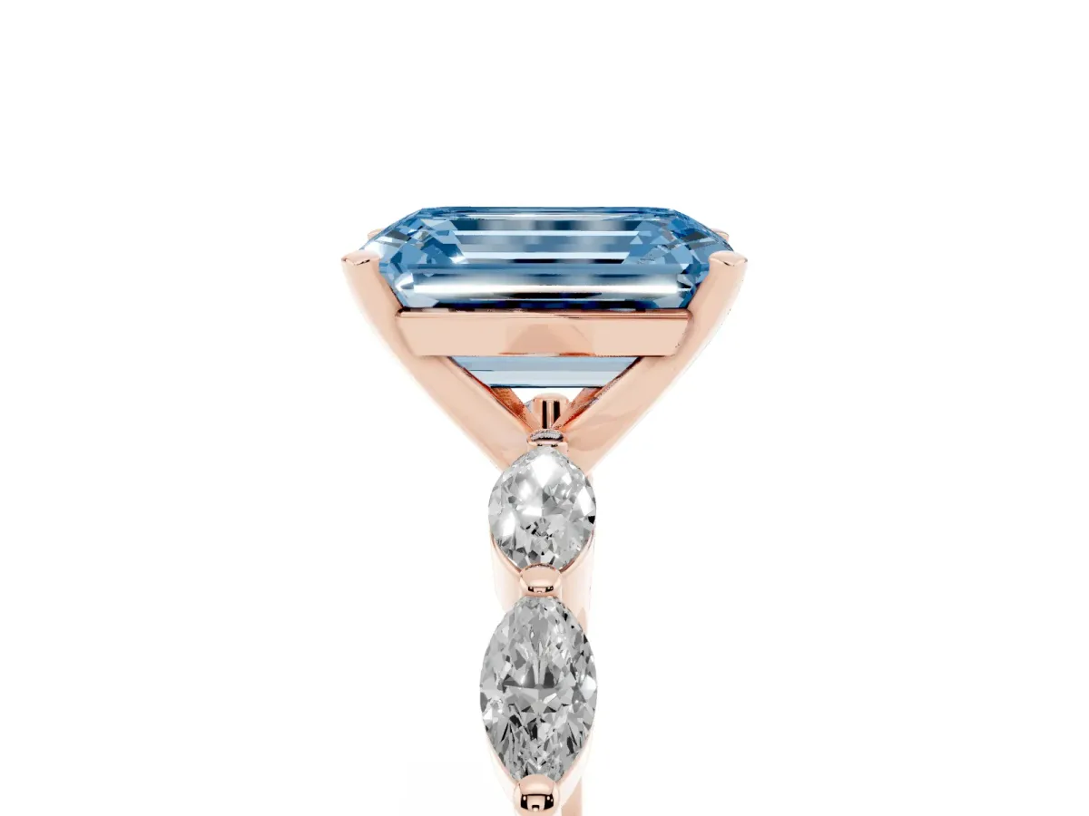 Fancy Blue Emerald Cut Diamond Ring with Marquise Side Stones and Prong Setting Rose gold