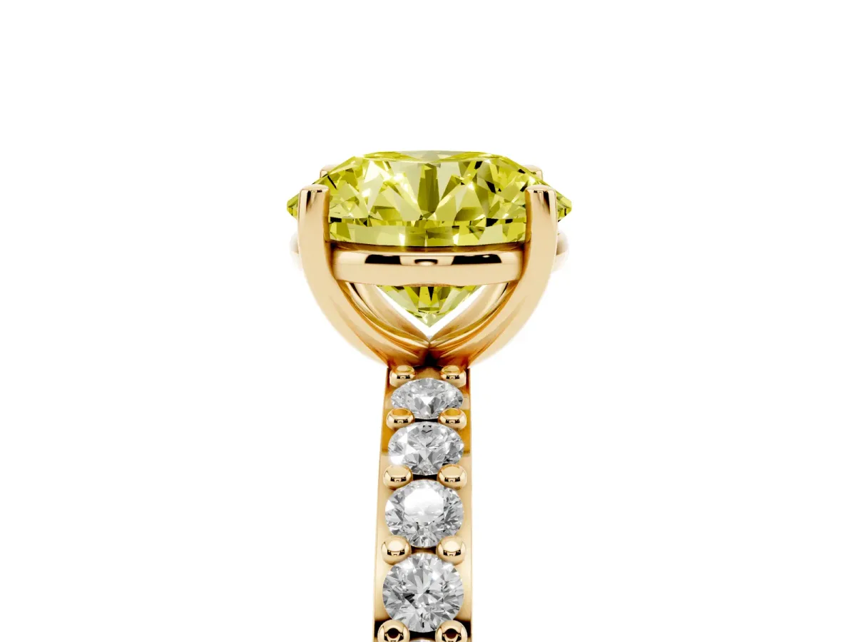 Fancy Yellow Round Cut Cut Diamond Solitaire with Pave Band and Four-Prong Setting Yellow gold