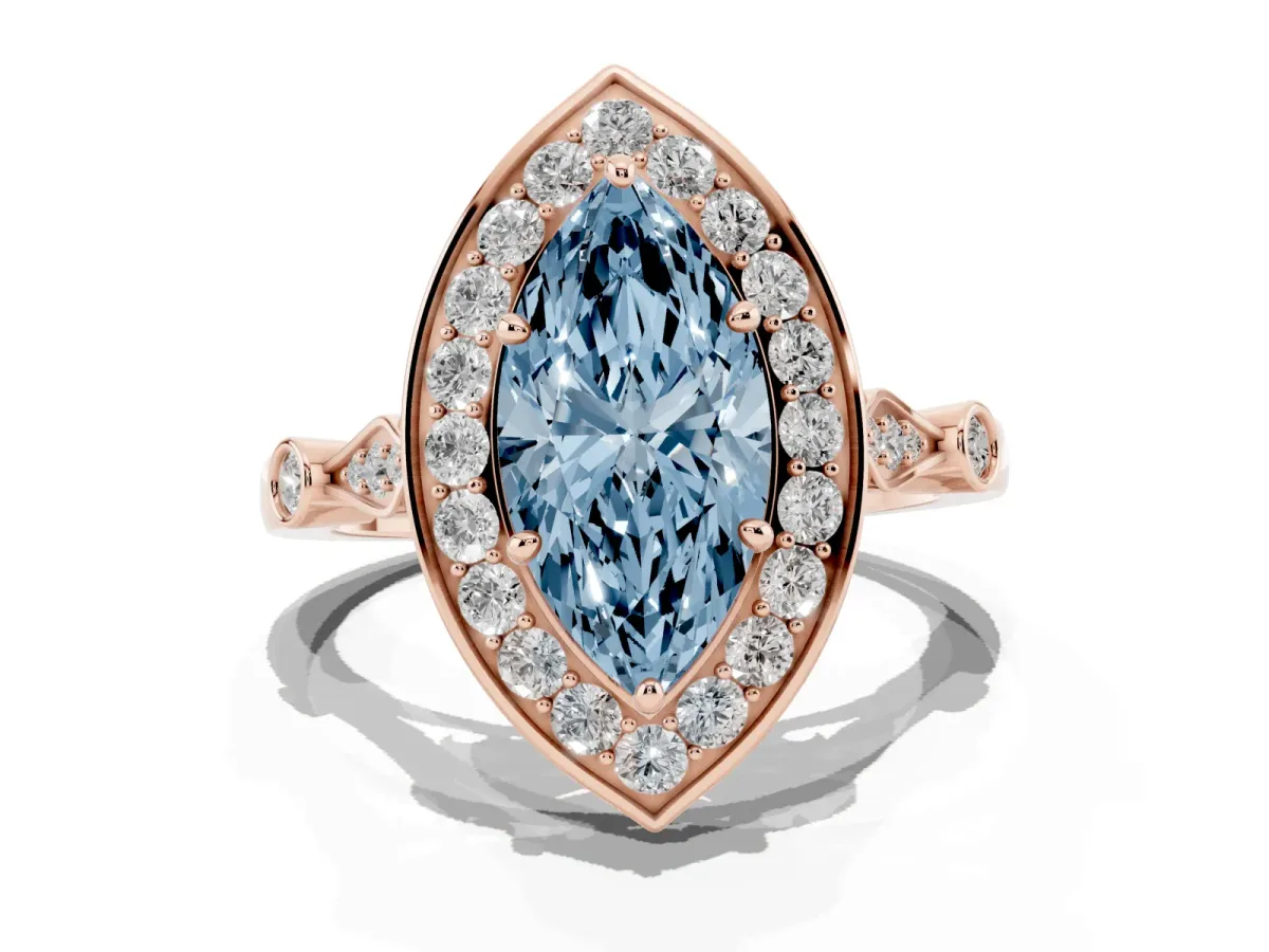 Fancy Blue Marquise Cut Halo Diamond Engagement Ring with Twisted Band and Four-Prong Setting Rose gold