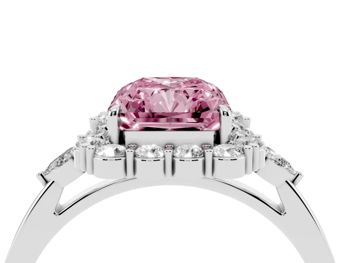 Fancy Pink Radiant Cut Diamond Halo Ring with Pear Side Stones and Prong Setting Silver