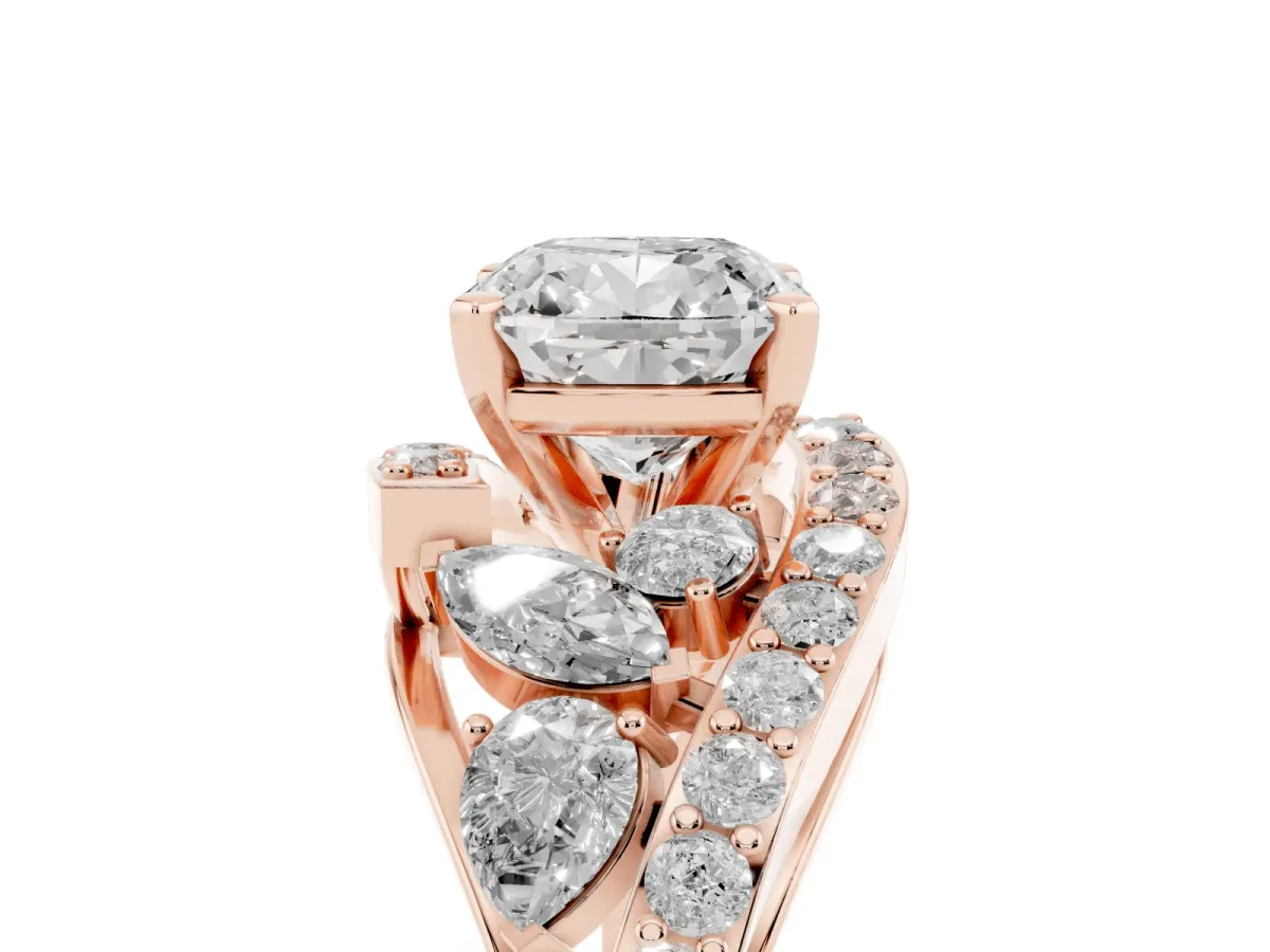 Cushion Cut Diamond Halo Ring with Marquise and Pavé Band in Prong Setting Rose gold