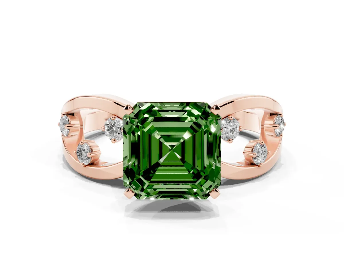 Fancy Green Asscher Cut Cut Solitaire Diamond with Side Stones on Criss-Cross Band and Four-Prong Setting Rose gold