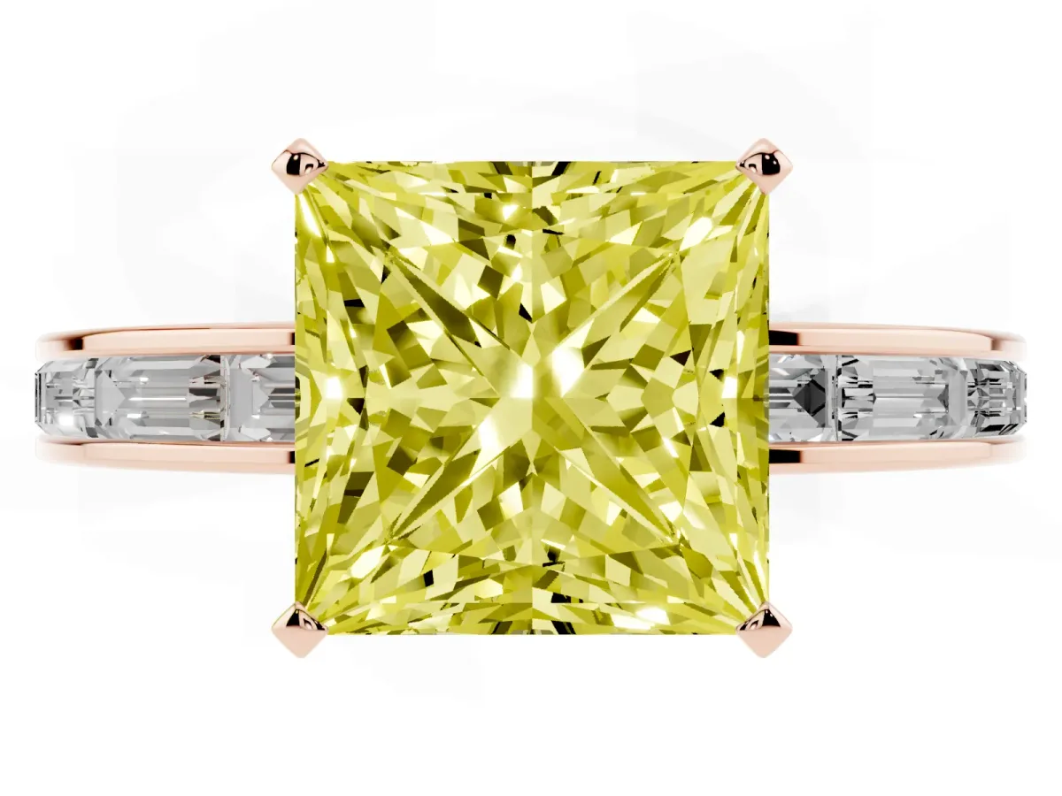Fancy Yellow Princess Cut Solitaire Diamond Ring with Channel-Set Baguette Band and Four-Prong Setting Rose gold
