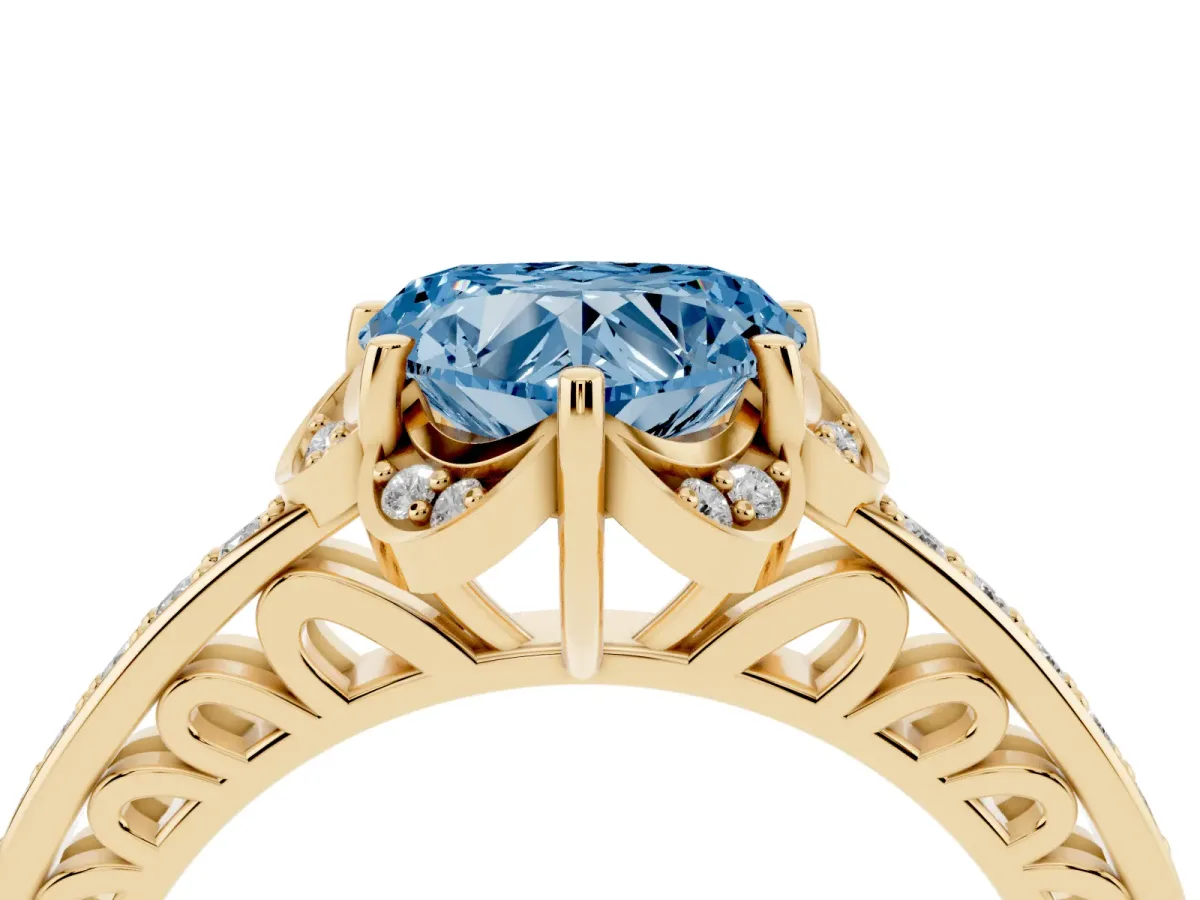 Fancy Blue Heart Cut Cut Halo Diamond Ring with Channel Set Band and Four-Prong Setting Yellow gold
