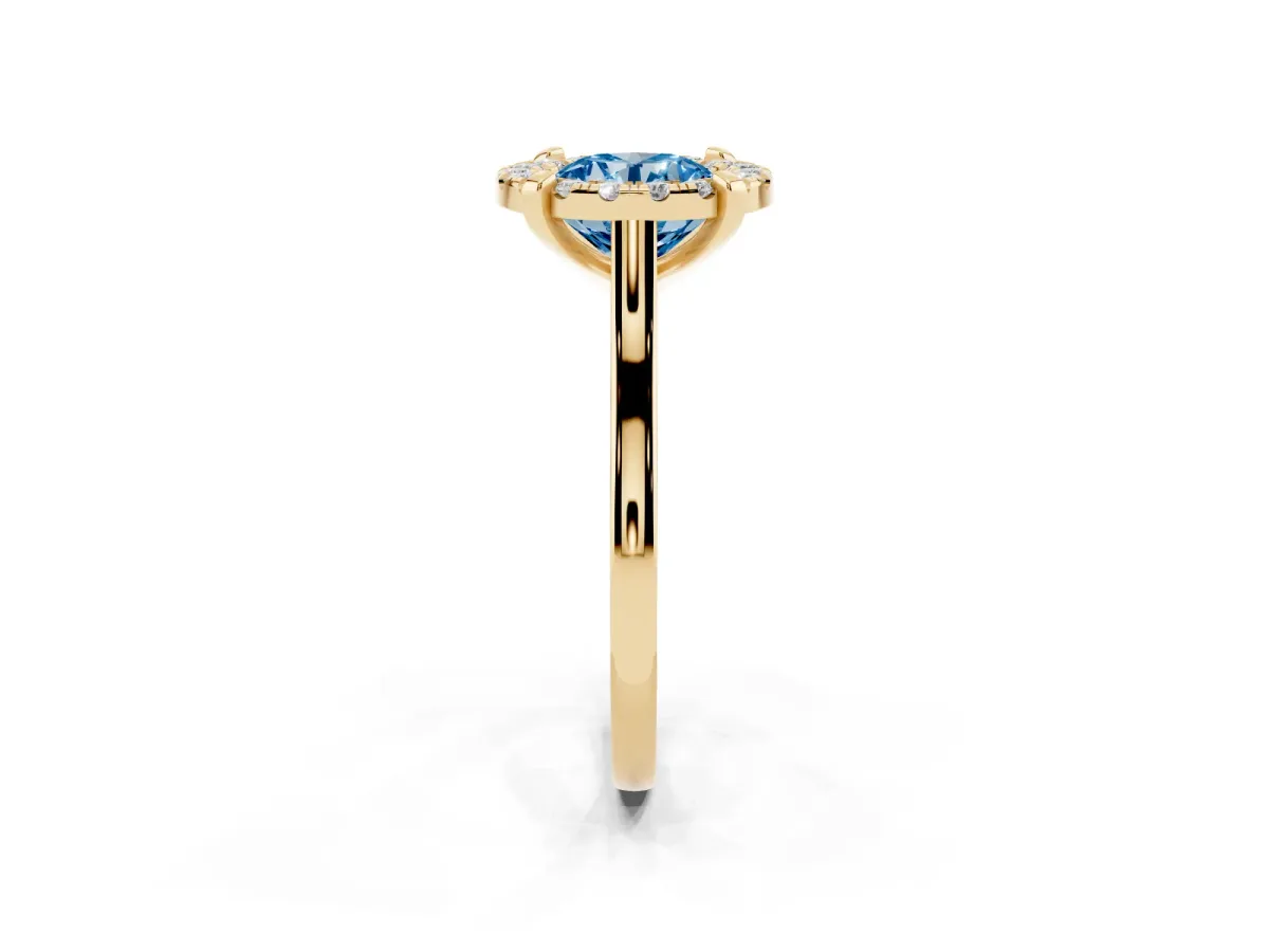Fancy Blue Round Cut Diamond Cluster Halo Solitaire with Four-Prong Setting Yellow gold