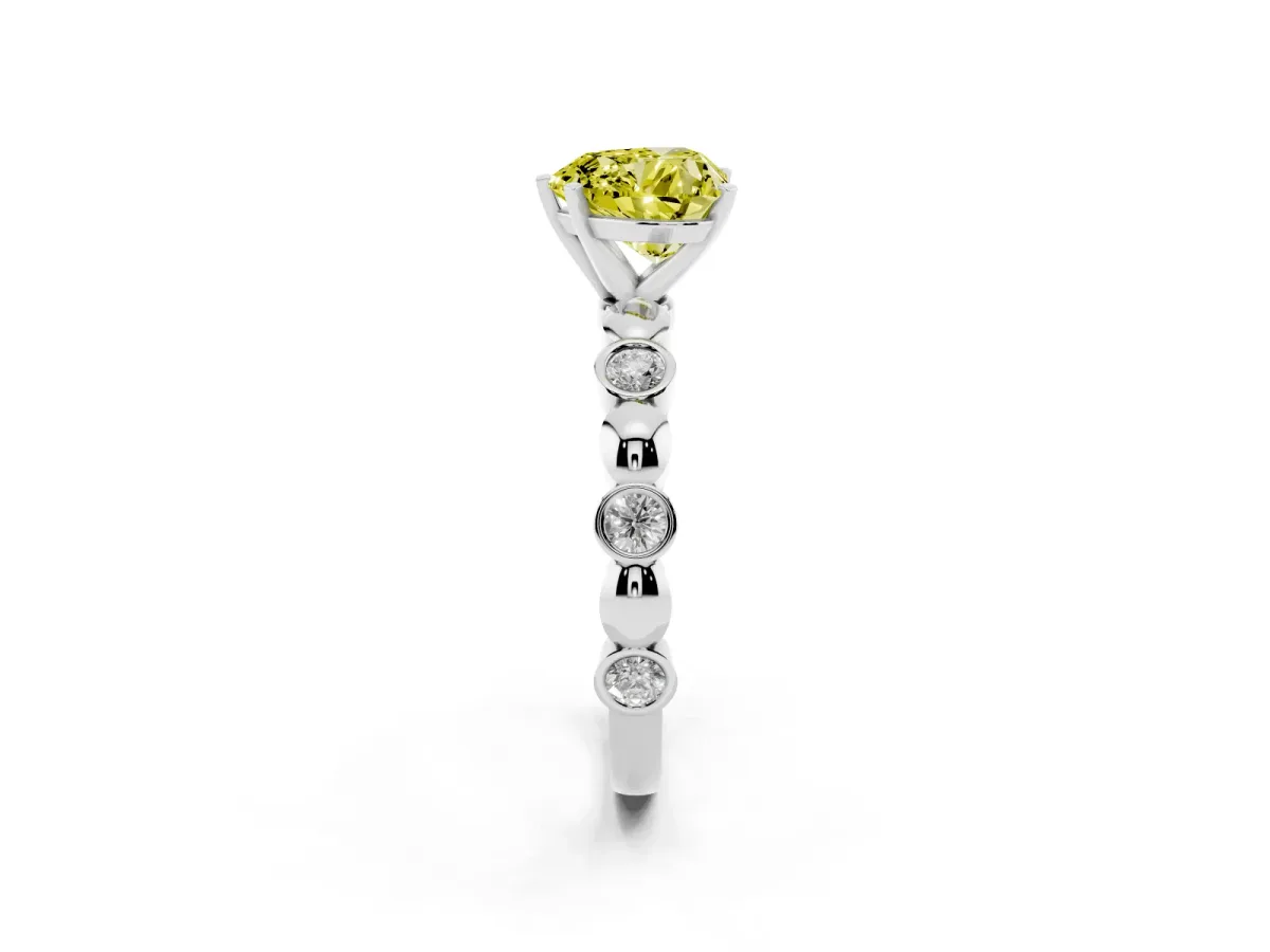 Fancy Yellow Heart Cut Solitaire Bezel-Set Diamond Ring with Beaded Band and Four-Prong Setting Silver