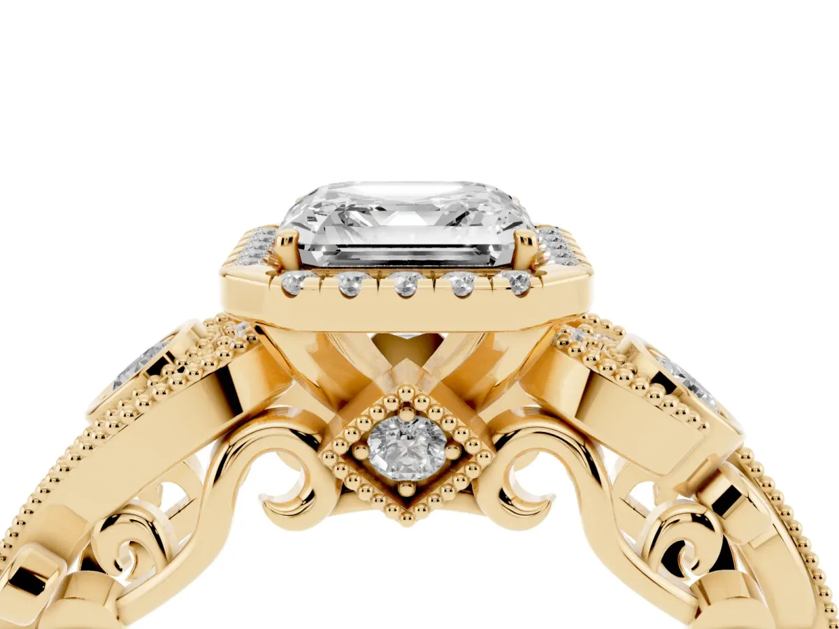 Asscher Cut Halo Diamond Ring with Milgrain and Bezel Accents on a Split Shank Band Yellow gold