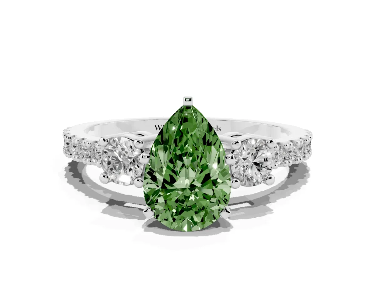 Fancy Green Pear Cut Three-Stone Diamond Pavé Band with Prong Setting Silver