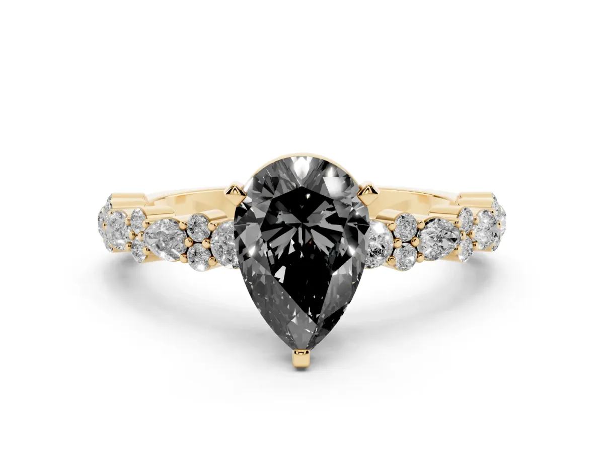 Fancy Black Pear Cut Diamond Side Stone Solitaire Ring with Round and Four-Prong Setting Yellow gold