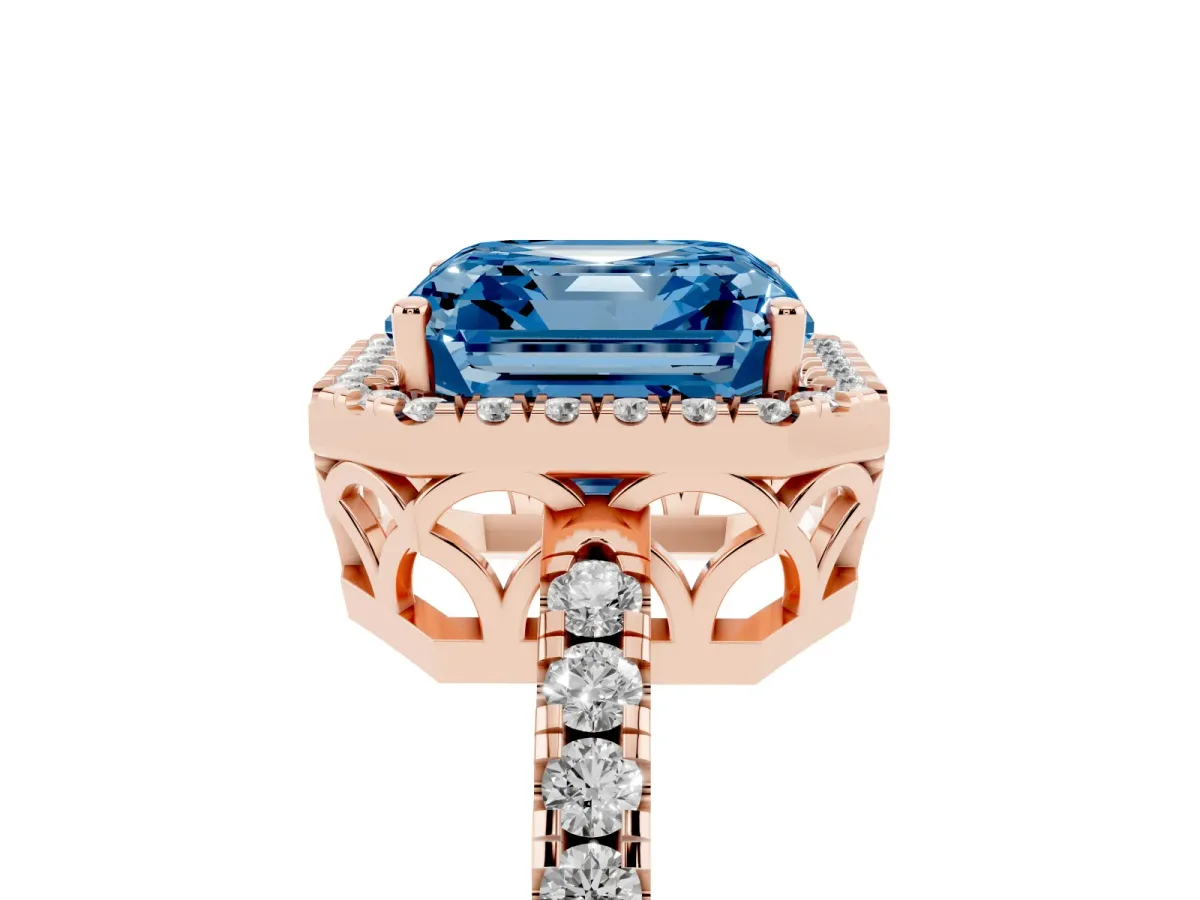 Fancy Blue Asscher Cut Halo Diamond Engagement Ring with Pavé Band and Four-Prong Setting Rose gold