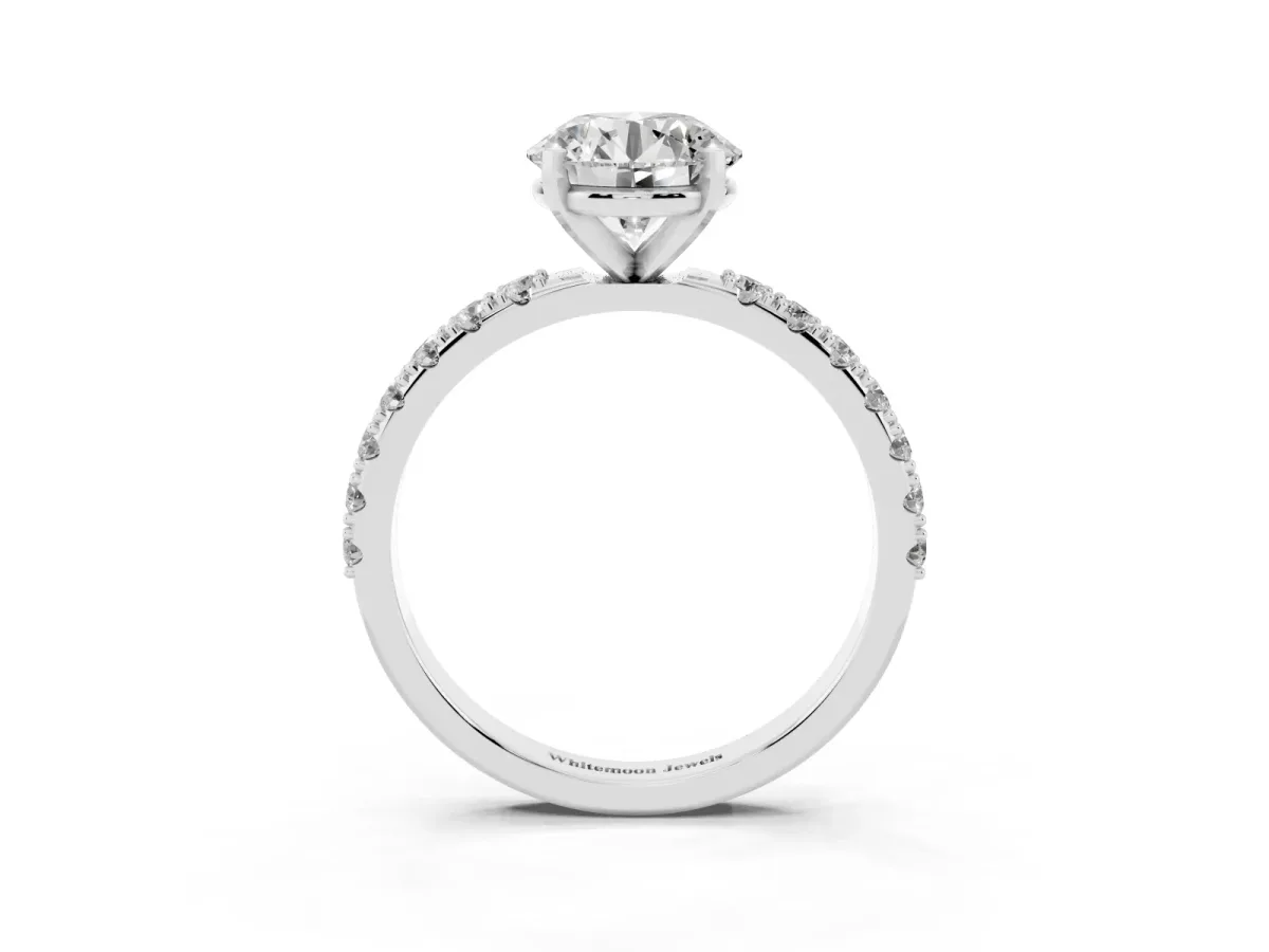 Round Cut Diamond Solitaire Pavé Band with Four-Prong Setting Silver