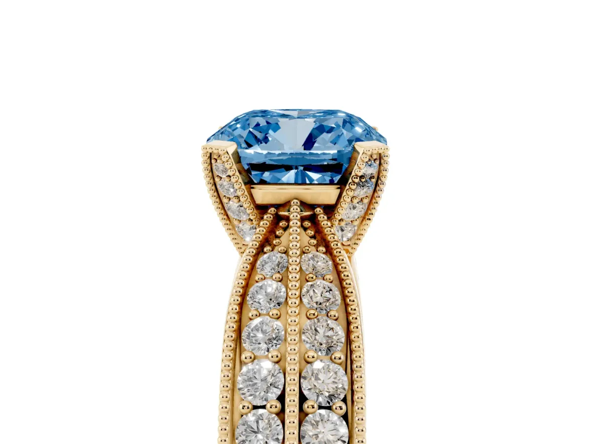Fancy Blue Cushion Cut Diamond Solitaire Ring with Milgrain Round Pavé Band and Prong Setting Yellow gold