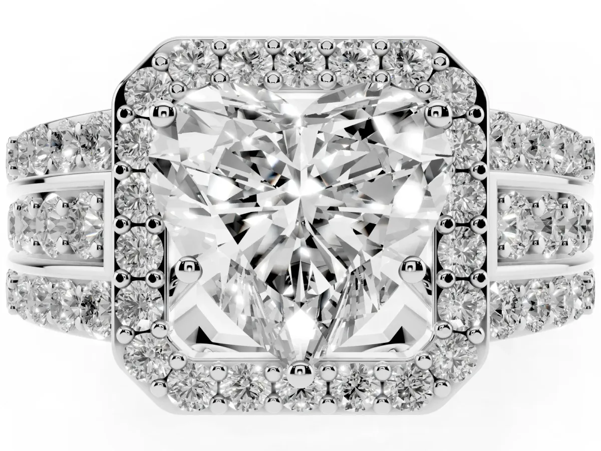 Heart Cut Halo Diamond Ring with Round Split Shank and Prong Setting Platinum
