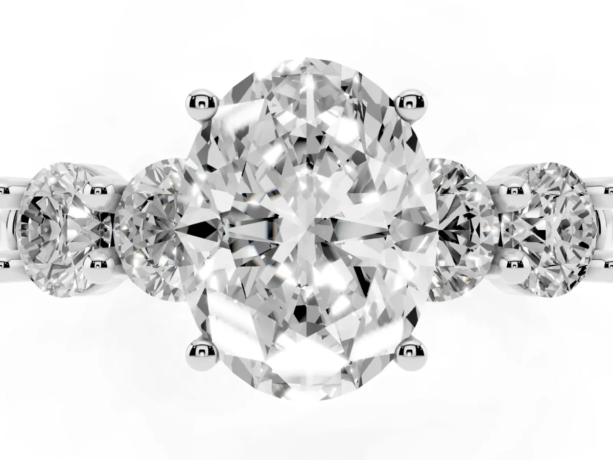 Oval Cut Cut Five-Stone Prong Set Diamond Ring with Classic Band Platinum