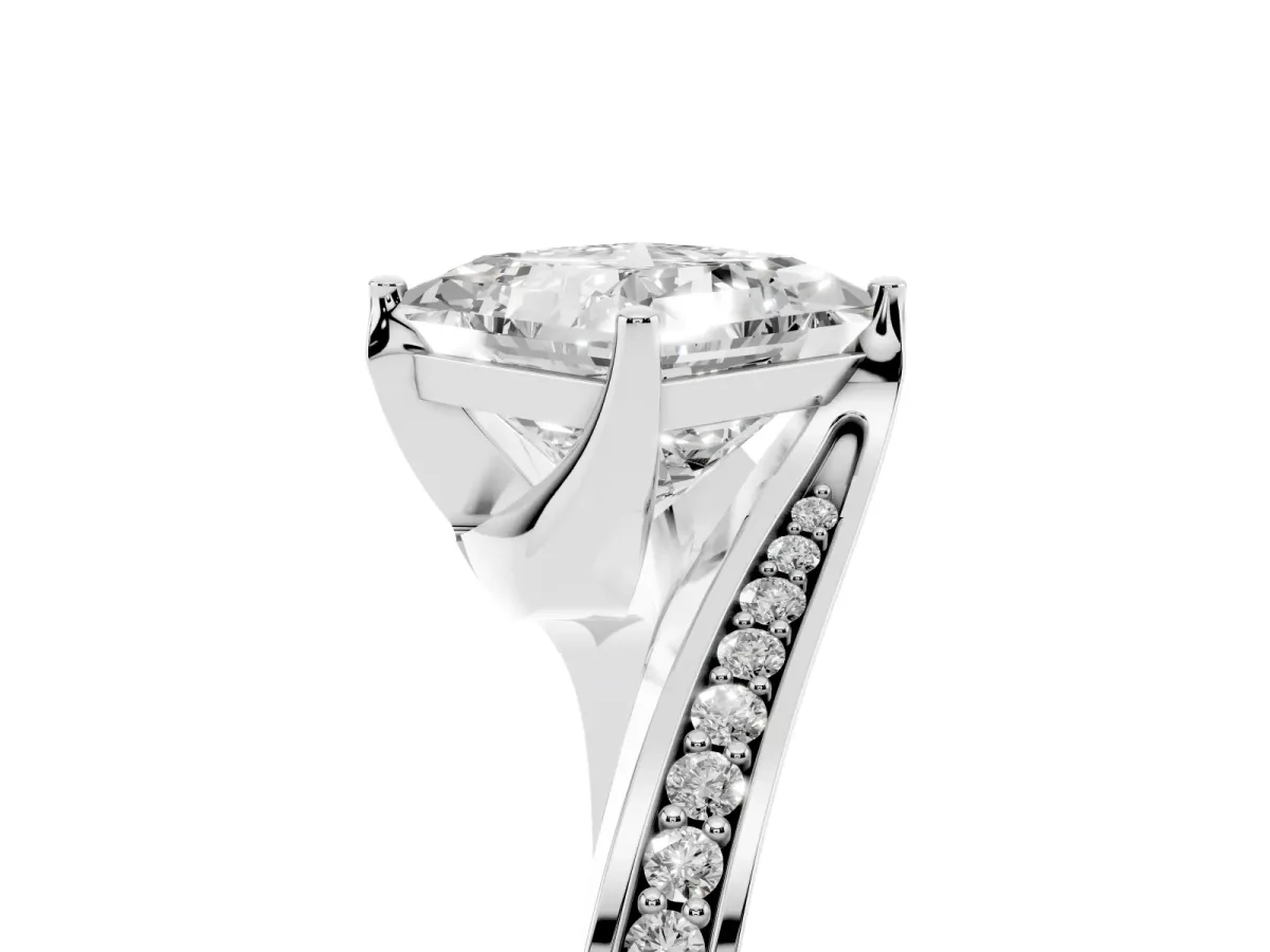 Princess Cut Solitaire Diamond Twist Band with Pavé Setting and Four-Prong Setting Silver