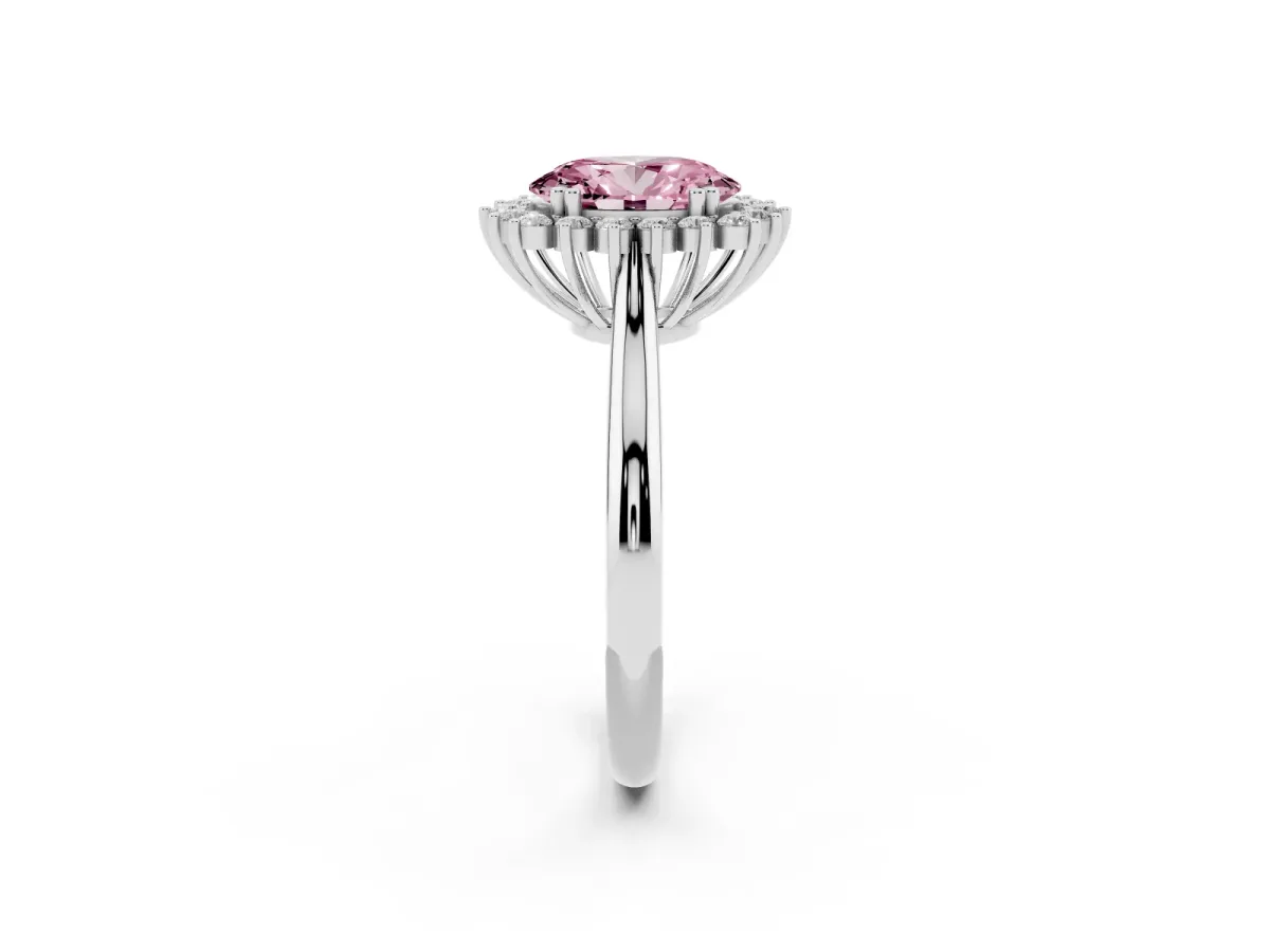 Fancy Pink Oval Cut Cut Diamond Halo Ring with Solitaire Band and Prong Setting Silver