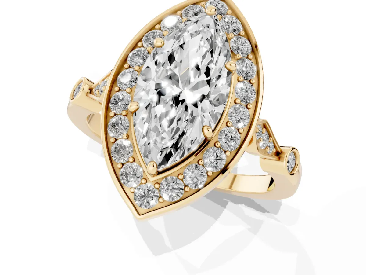 Marquise Cut Halo Diamond Engagement Ring with Twisted Band and Four-Prong Setting Yellow gold