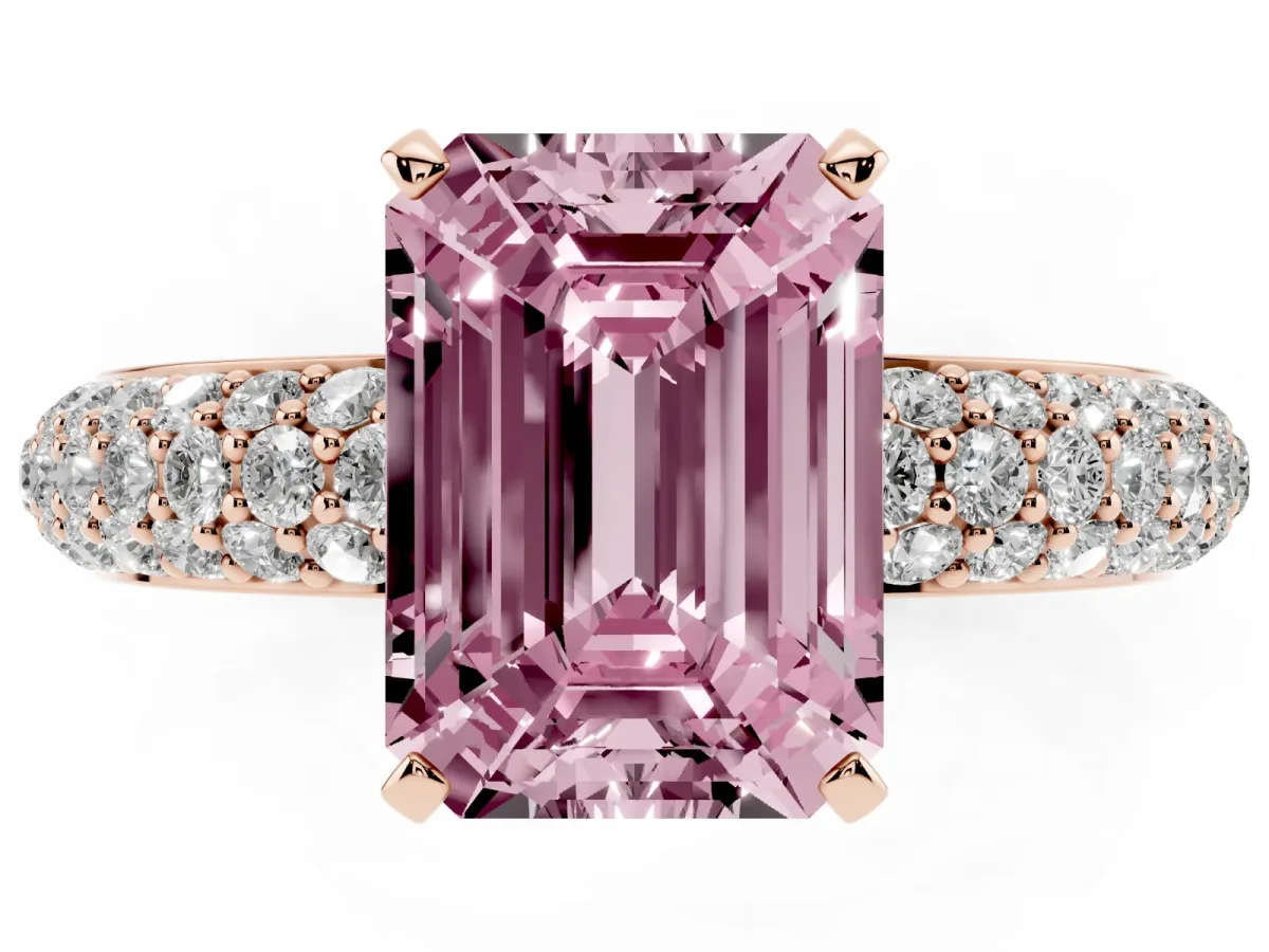 Fancy Pink Emerald Cut Diamond Solitaire Ring with Prong Setting and Pavé Band Rose gold