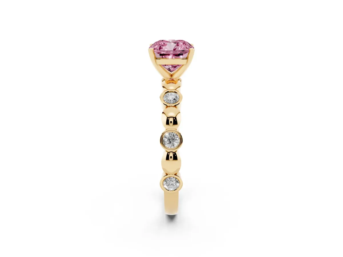 Fancy Pink Cushion Cut Solitaire Bezel-Set Diamond Ring with Beaded Band and Four-Prong Setting Yellow gold