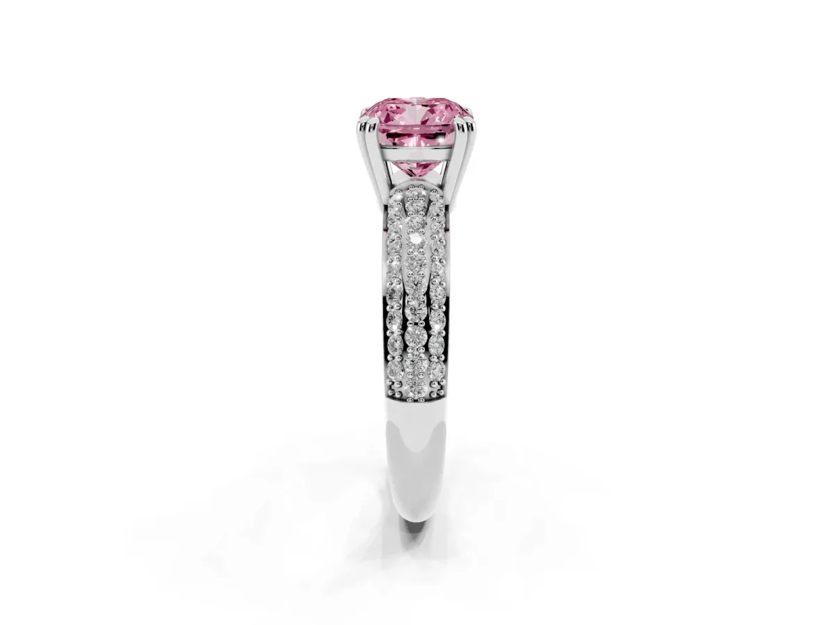 Fancy Pink Cushion Cut Diamond Solitaire Ring with Multi-Row Round Pavé Band and Prong Setting Silver