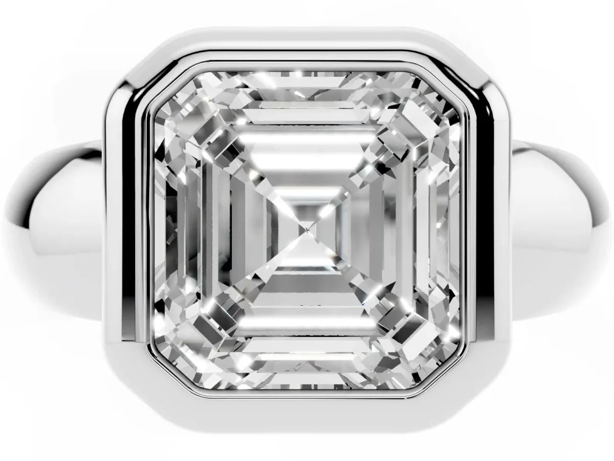 Bezel Set Asscher Cut Solitaire Ring with Wide Band Platinum
