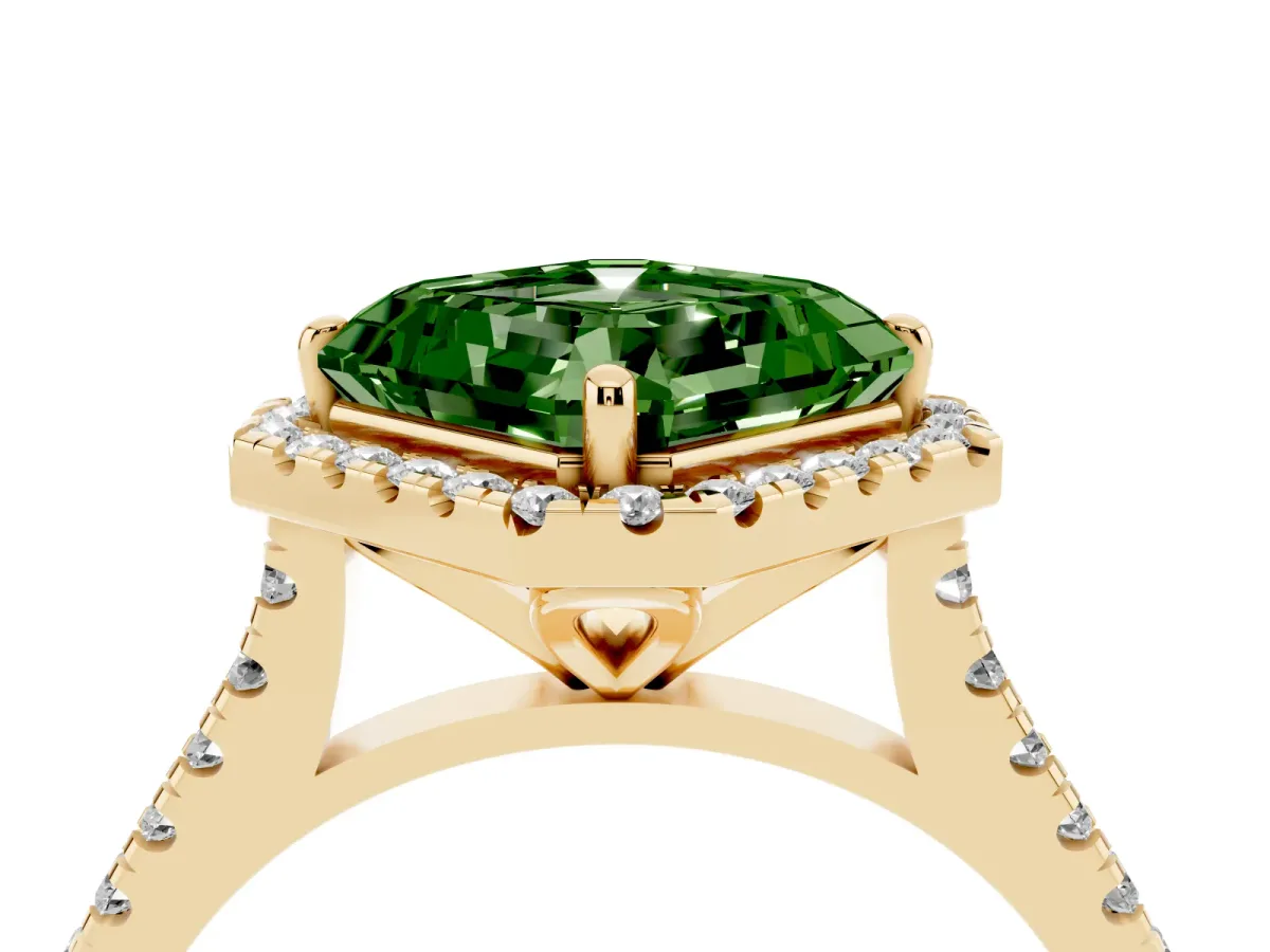 Fancy Green Asscher Cut Diamond Cushion Halo Ring with Pavé Band Yellow gold