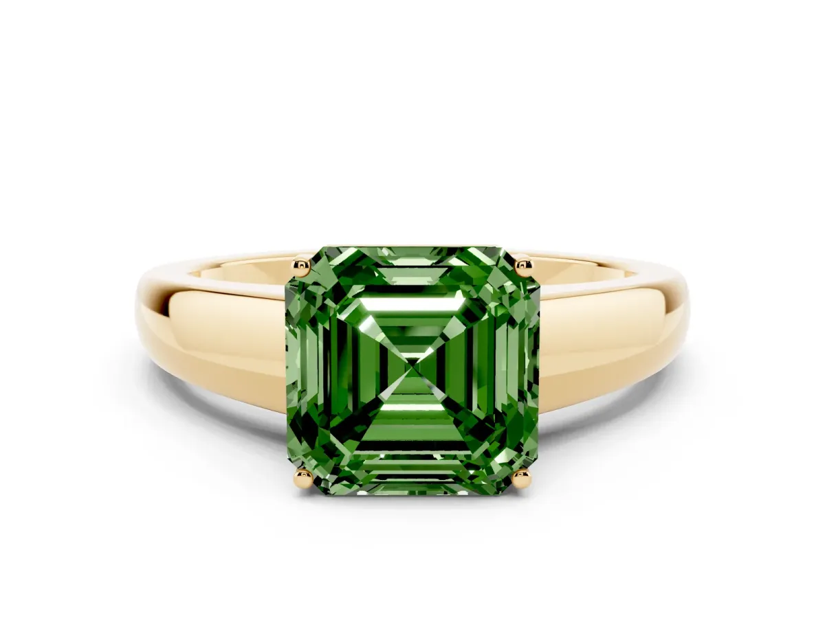 Fancy Green Asscher Cut Solitaire Diamond Ring with Tapered Band and Four-Prong Setting Yellow gold