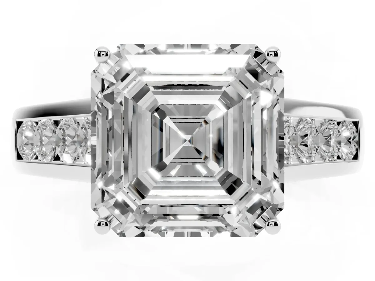 Asscher Cut Brilliant Channel-Set Solitaire Ring with Four-Prong Setting Silver