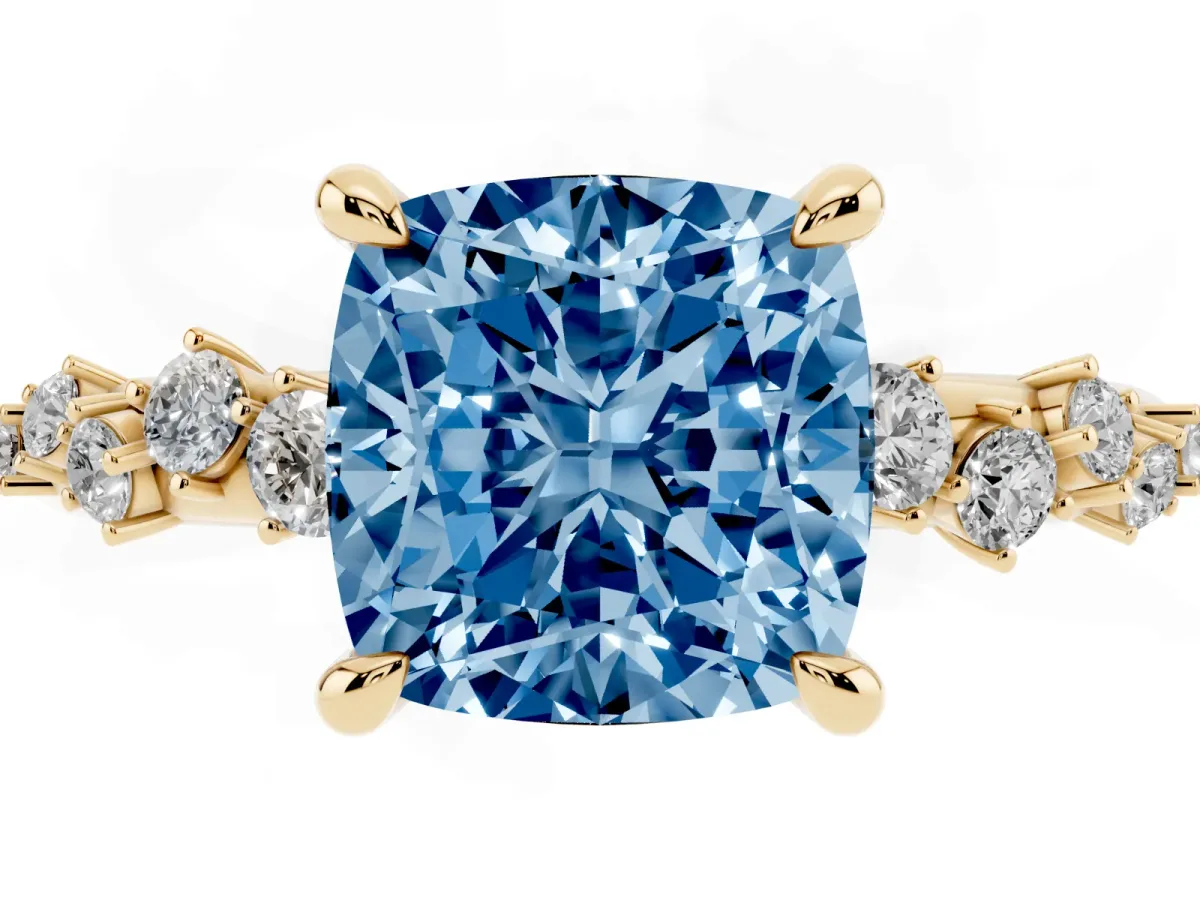 Fancy Blue Cushion Cut Cut Diamond Vine Band with Four-Prong Setting Yellow gold