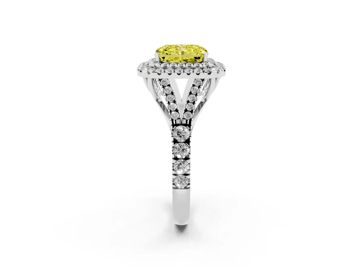 Fancy Yellow Double Halo Radiant Cut Diamond Split Shank Engagement Ring with Four-Prong Setting Silver