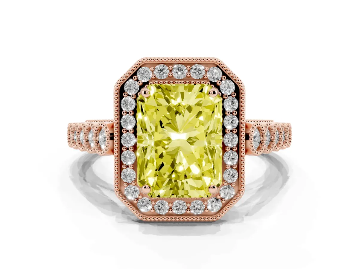 Fancy Yellow Radiant Cut Halo Milgrain Solitaire with Bezel Set Side Stones and Pave Band Rose gold