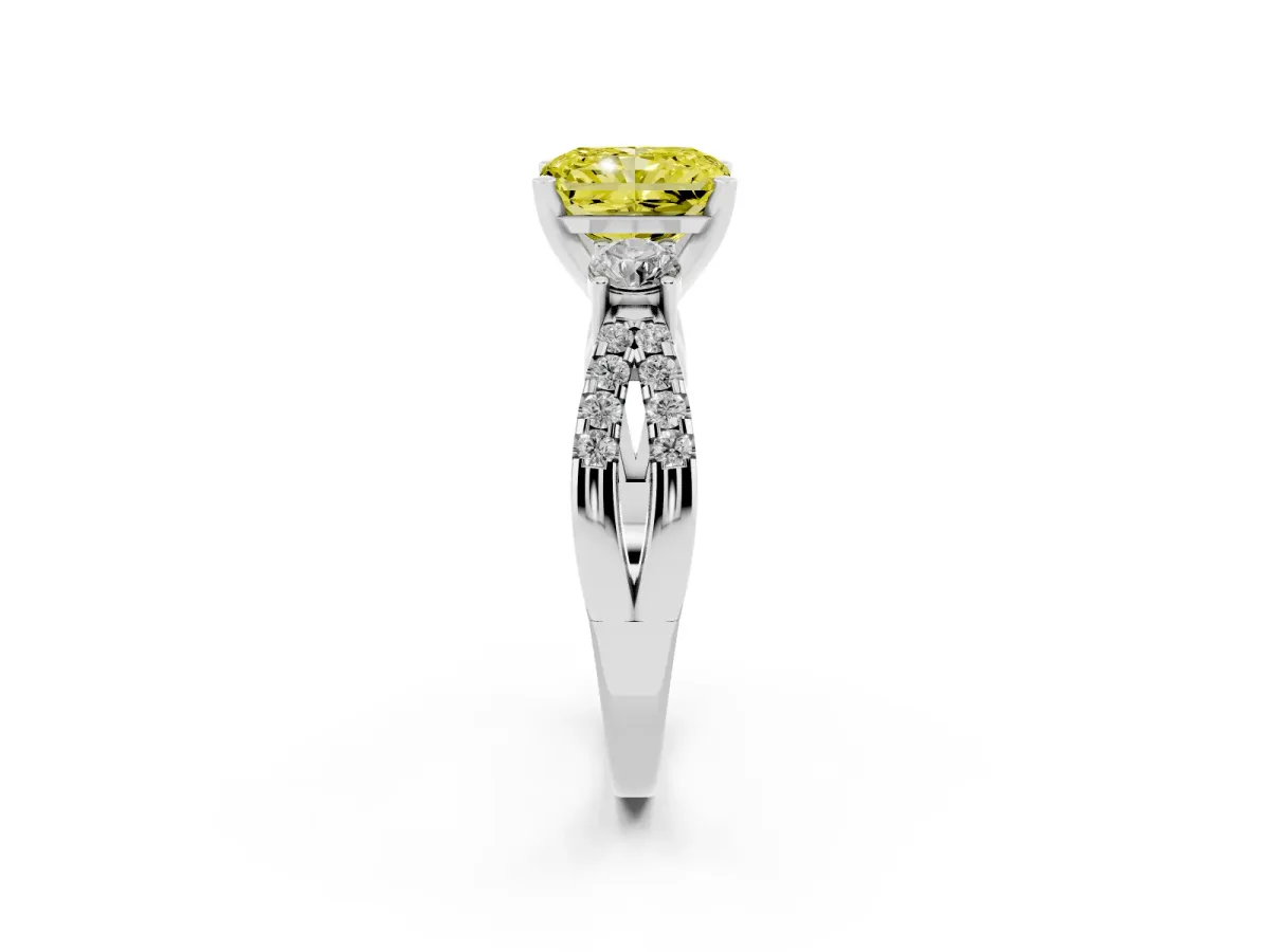 Fancy Yellow Radiant Cut Diamond Three-Stone Ring with Pavé Split Shank and Four-Prong Setting Silver